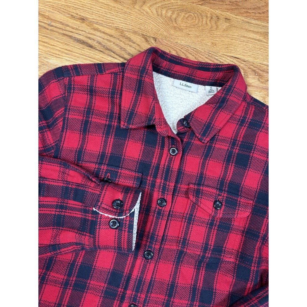 LL Bean Flannel Sherpa Lined Jacket Women's Medium Red Blue‎ Plaid Fleece Shirt